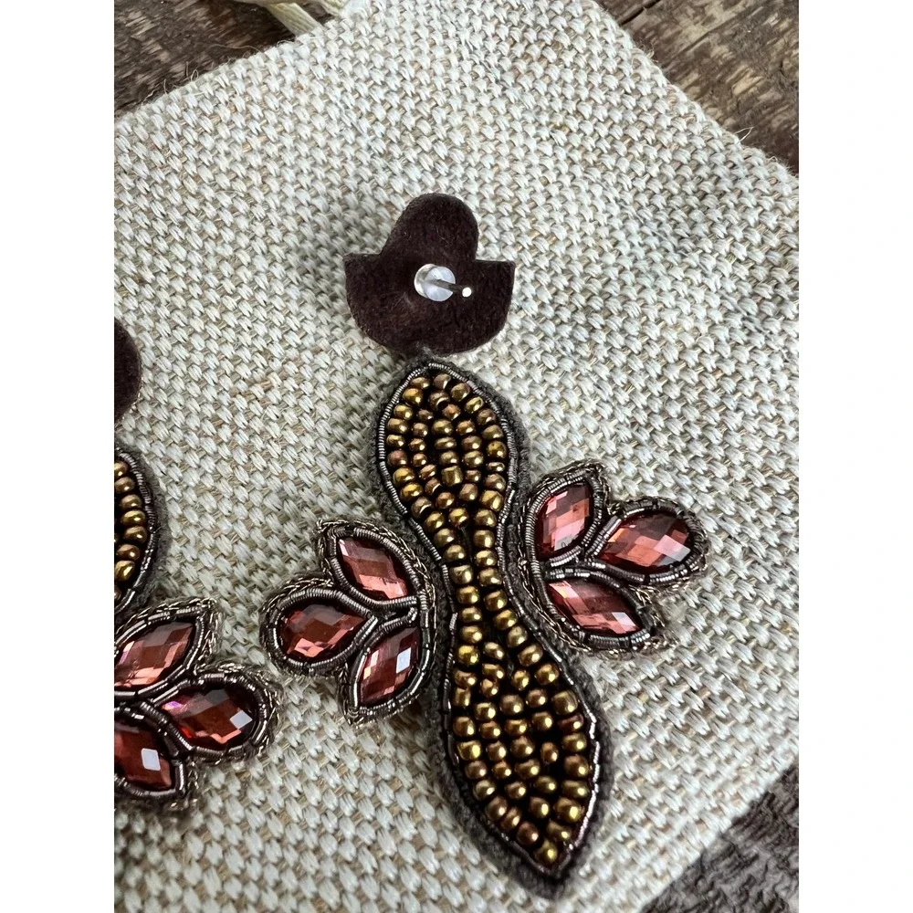 Sparkling Beaded Drop Earrings with Pink‎ Gemstones Boho Statement Jewelry